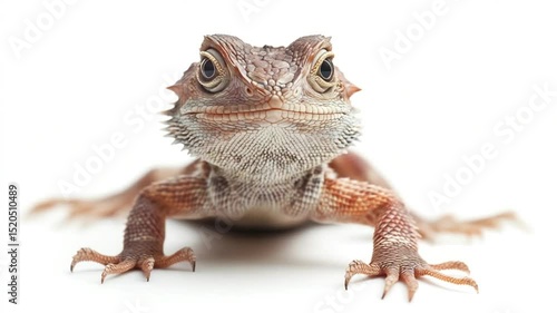 Close-up of a bearded dragon lizard posing on a white background, showcasing its detailed features