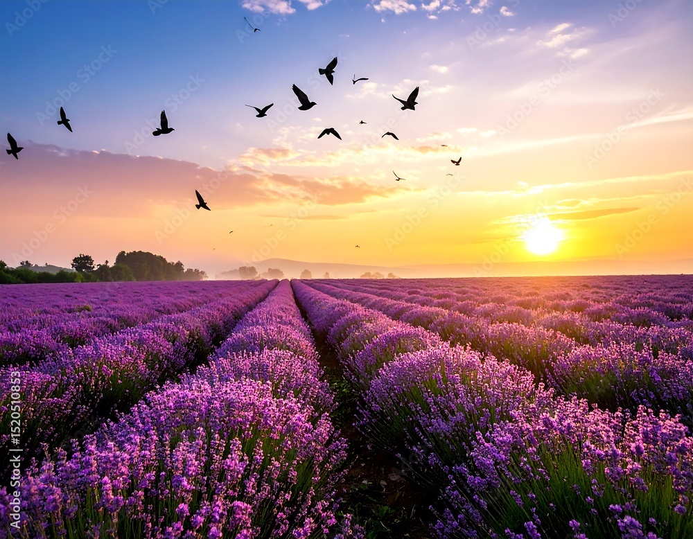 Obraz premium Sunrise over a lavender field with birds