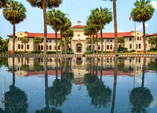 The Entrance to the public university, Valdosta State University, reflected in the water fountain., Valdosta, Georgia