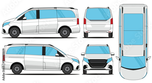 Car vector van V class - Van mockup car vector for branding on isolated white background. Side, Front, Rear, Top Views