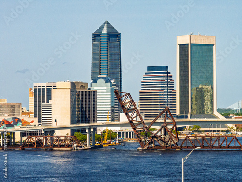 The downtown Jacksonville Florida skyline over the St Johns River.
