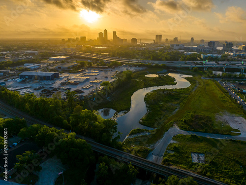 Aerial view of downtown Jacksonville at sunrise