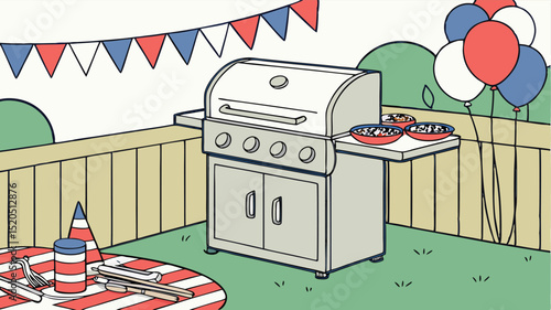 Illustration of backyard barbecue party with grill, balloons, and patriotic decorations outdoors scene