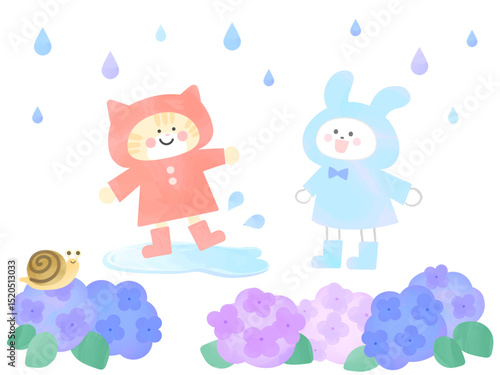 レインコートを着た猫とうさぎの梅雨の水彩イラスト