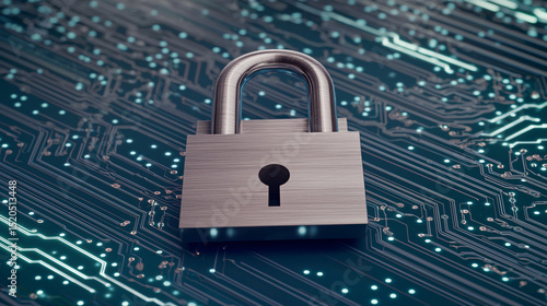 Wallpaper Mural A shiny metallic padlock rests securely atop a circuit board highlighting cybersecurity protection. Torontodigital.ca