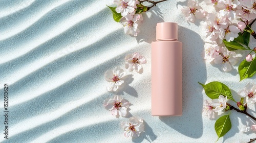 pastel pink matte fragrance bottle standing upright on white beach sand, surrounded by delicate cherry blossom petals, soft diagonal light casting gentle shadows, sweet and dreamy atmosphere