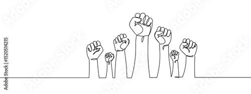 Continuous lines, multiple hands raising fists Line Art Vector Transparent Background Edit Stroke.
