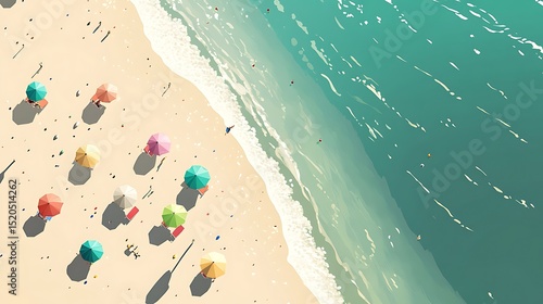 Colorful beach umbrellas on a sandy shore, viewed from above.