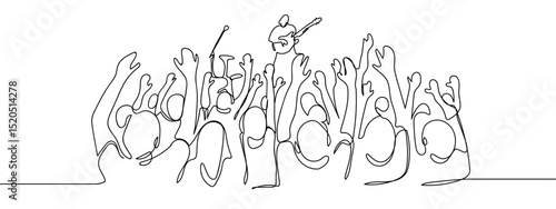 Continuous line, group of people raising their hands in front of the stage at a concert, party. Line Art Vector Transparent Background Edit Stroke.