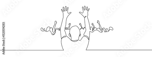 Continuous line, group of people raising their hands in front of the stage at a concert, party. Line Art Vector Transparent Background Edit Stroke.