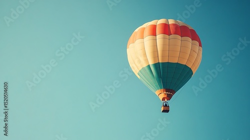 Colorful hot air balloon floats against a clear sky.