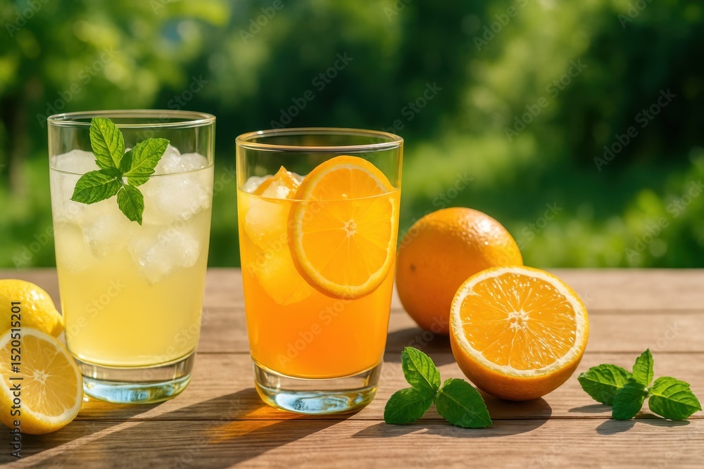 Fototapeta premium Refreshing Citrus Beverages with Mint Leaves and Fresh Oranges on a Wooden Table in a Sunny Garden Setting