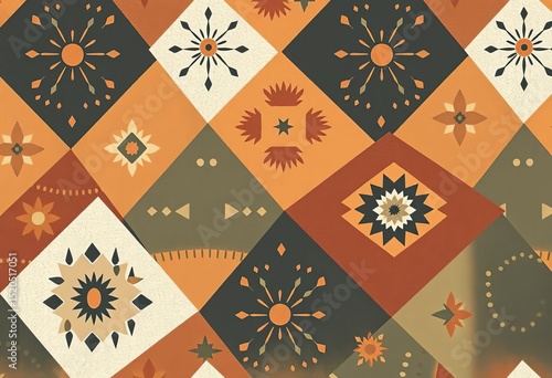 Seamless pattern of angular geometric shapes in earthy tones, featuring bohemian-inspired motifs, modern, abstract
