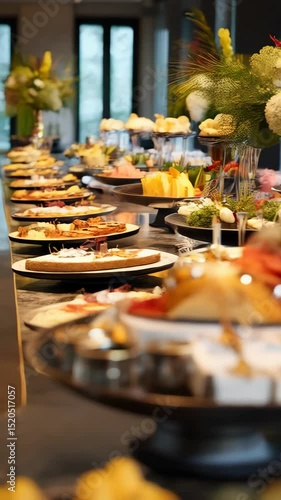 Close-up of catering platters featuring appetizers, cheeses, and floral arrangements on a dark table at an event venue.