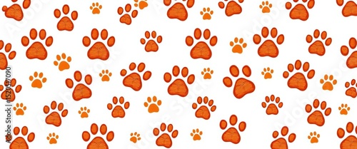 Seamless pattern of charming brown doodle paw prints on a white background,  abstract,  surface
