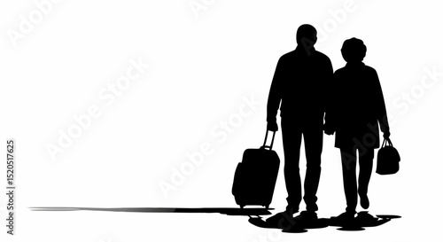 Senior couple traveling light holding hands with suitcase in a minimalist style on a transparent background