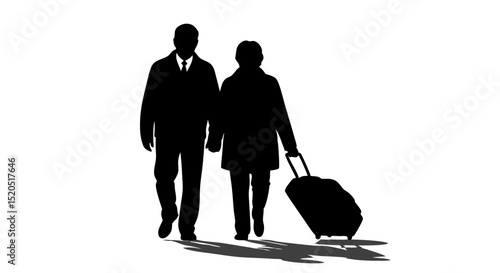 Elderly couple walking hand in hand with suitcase in a minimalist style on a transparent background
