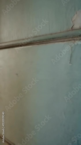 Two aged door handles mounted on a distressed blue peeling paint wall, creating an atmosphere of neglect and faded grandeur