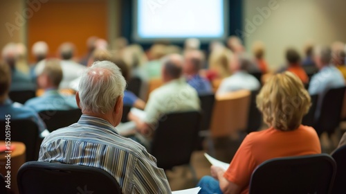 A group of elderly people sitting in a conference room, listening to a presentation.