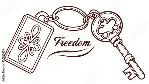 A drawing of a key and a lock on a keyring with the word freedom written underneath in a cursive font
