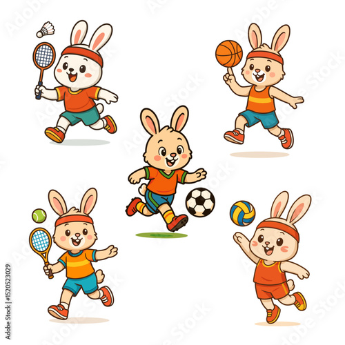 Cute Cartoon Bunny Characters Playing Sports