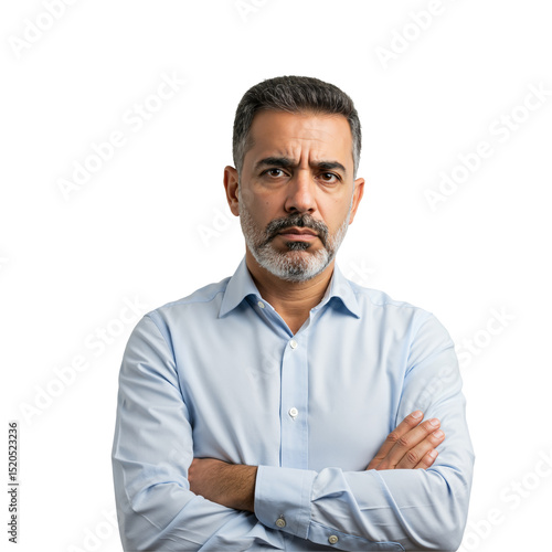 Middle-aged Man with Gray Hair in Button-up Shirt Posing with Serious Expression