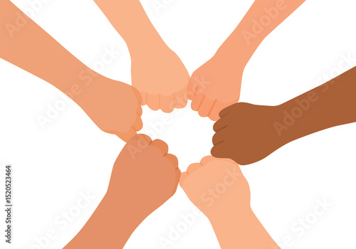 People putting their fists together in circle as symbol of unity, teamwork, trust, friendship, cooperation