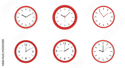 Wall clock different time showing simple design white face red frame
