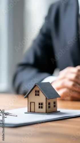 Businessman with Model House and Keys on Table