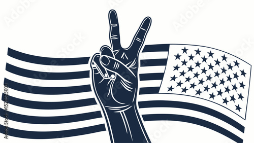 A hand making a peace sign in front of a waving black and white american flag illustration art