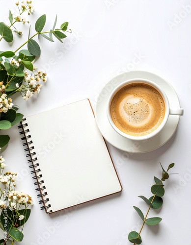 Flat lay coffee notebook eucalyptus flowers white background workspace