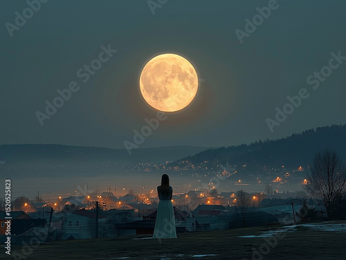 Obraz na plátně silhouette of a woman in the moonlight towards the town in sleep