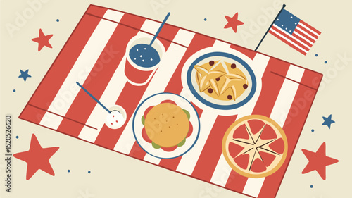 A patriotic picnic scene with food, a striped blanket, american flag and stars on a beige background