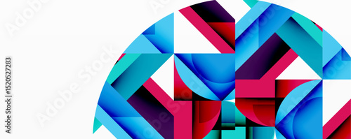 Abstract geometric shapes form partial circle. Blue, red, teal hues dominate composition. Modern design, clean lines present visual interest.