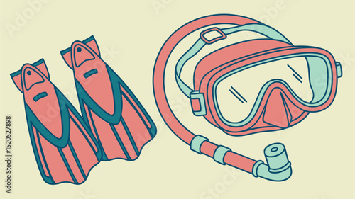 Diving gear illustration: snorkel set and fins for underwater adventure and snorkeling equipment for vacation 100