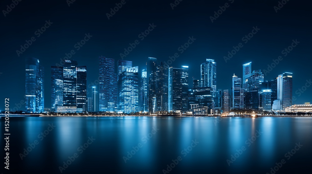 Obraz premium Cityscape reflects on calm deep blue water