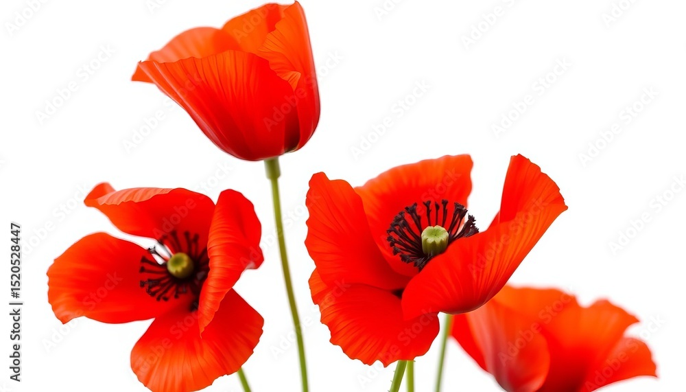 Naklejka premium Vibrant red poppy flower, petals unfurled, isolated on pure white background, summer, flora
