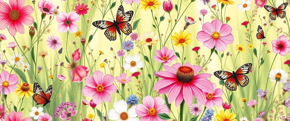 Vibrant summer floral pattern with delicate wildflowers, butterflies, and dragonflies on a seamless background, spring, flowers Vibrant summer floral pattern with delicate wildflowers, butterflies, and dragonflies on a seamless background, spring, flowers