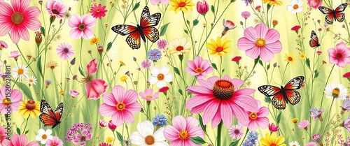 Vibrant summer floral pattern with delicate wildflowers, butterflies, and dragonflies on a seamless background,  spring,  flowers
