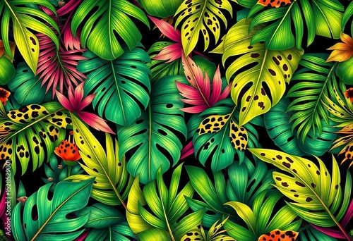 Vibrant tropical seamless pattern featuring lush palm leaves and a leopard print design, tropical, design