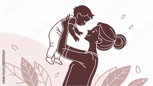 Illustration of mother holding baby in air happy family motherhood parenting love childcare parent child