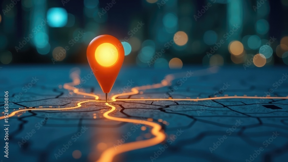 Glowing navigation pin on city map at night Glowing navigation pin on city map at night