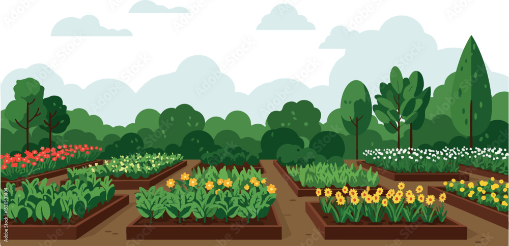 Obraz premium Vegetable and Flower Garden Beds with Green Trees and Cloudy Sky Vector Illustration 