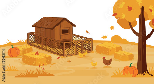 Autumn farmyard scene with chicken coop pumpkins and hay bales in fall landscape vector illustration 