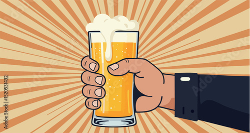Hand Holding Glass of Beer Vector Illustration with Radiant Background in Retro Style 