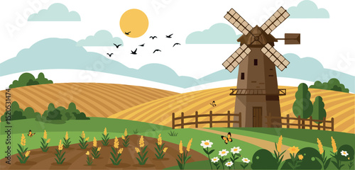 Windmill and farmland landscape with crops and flowers in sunny rural scenery vector illustration 