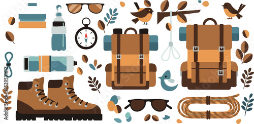 Hiking gear flat vector illustration with boots backpacks rope binoculars and birds in natural colors 