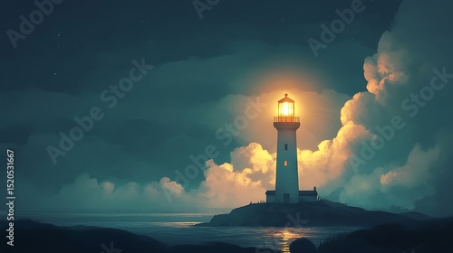 Luminous lighthouse at night, illuminated by the glow of its light.