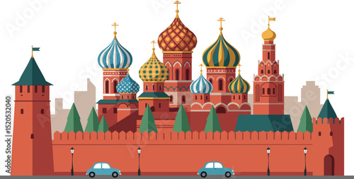 Saint Basils Cathedral Moscow colorful onion domes Kremlin wall vector illustration 