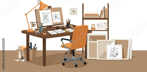 Designer workspace with sketches, brown chair, desk lamp, and art supplies in creative studio environment 